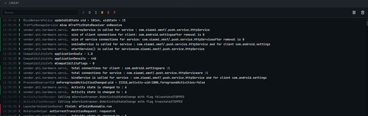 Visor de Logcat con filtros y búsqueda en la app